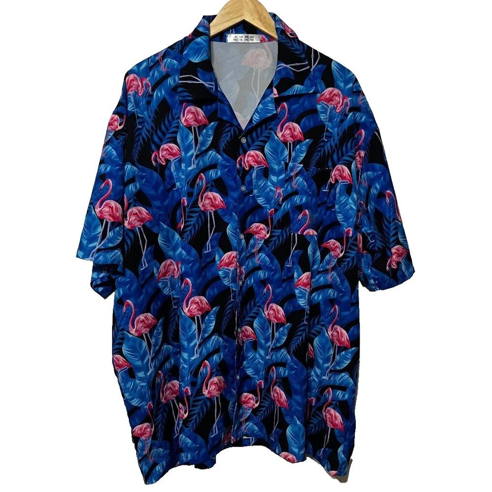 Men's 3X Tropical Flamingo Hawaiian Cruise Shirt Blue Fern Pink Short Sleeve